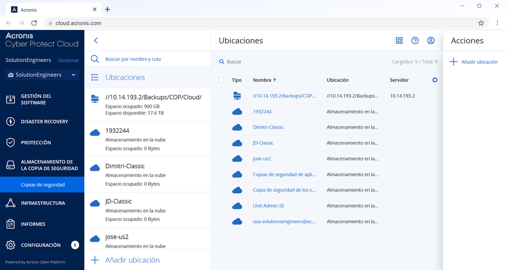 Consola oficial de Acronis mostrando ubicaciones de copia de seguridad