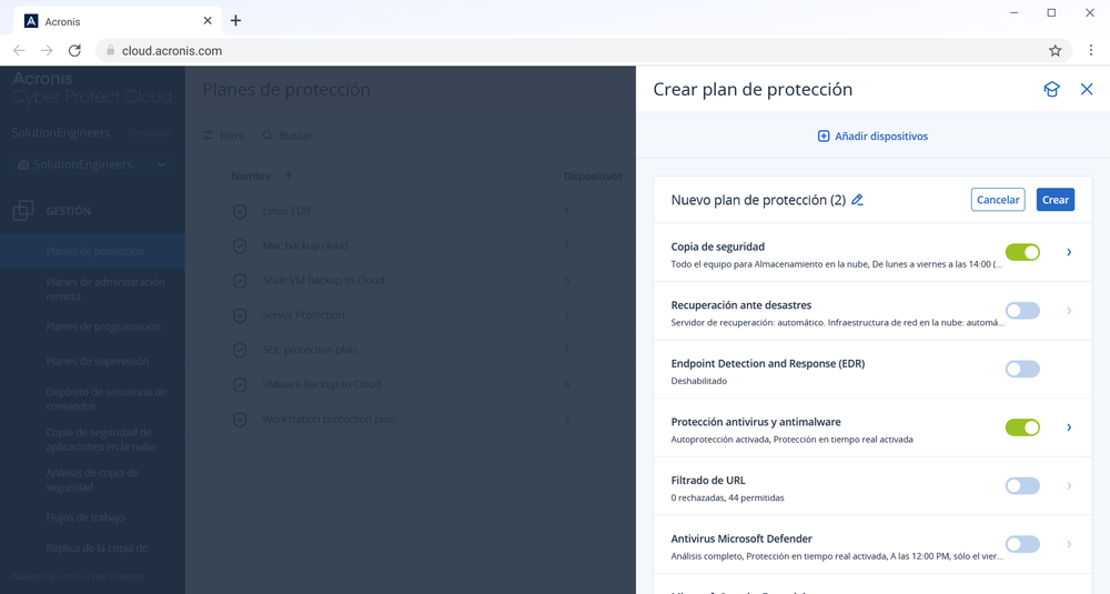 Consola oficial de Acronis creando un plan de protección