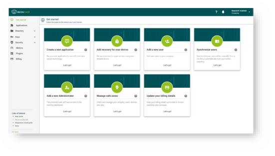 Panel oficial de Ironchip con accesos rápidos para administrar aplicaciones, usuarios y zonas seguras