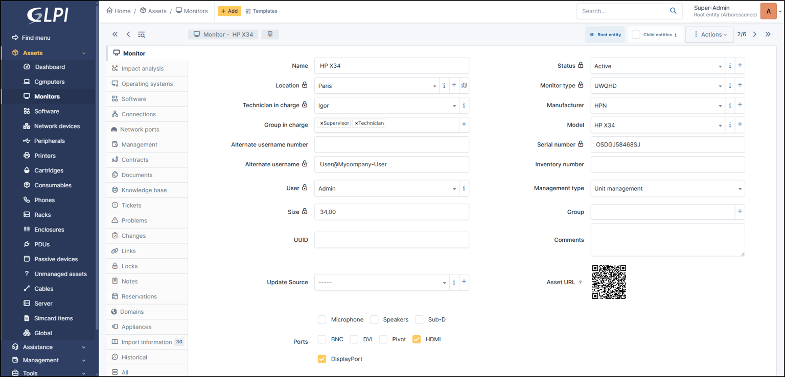 Ficha de un monitor y navegación de activos en GLPI